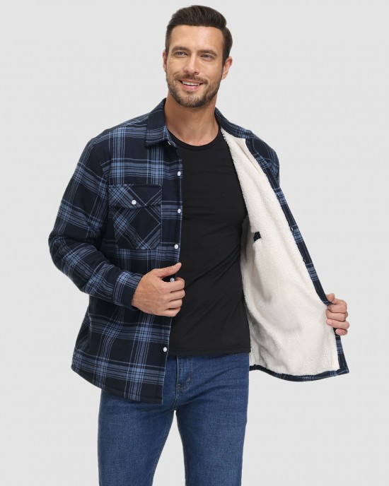 Men's Sherpa Shirt Fleece Lined Flannel Shirt Jacket with 3 Pockets Casual Plaid Button Down Winter Coat