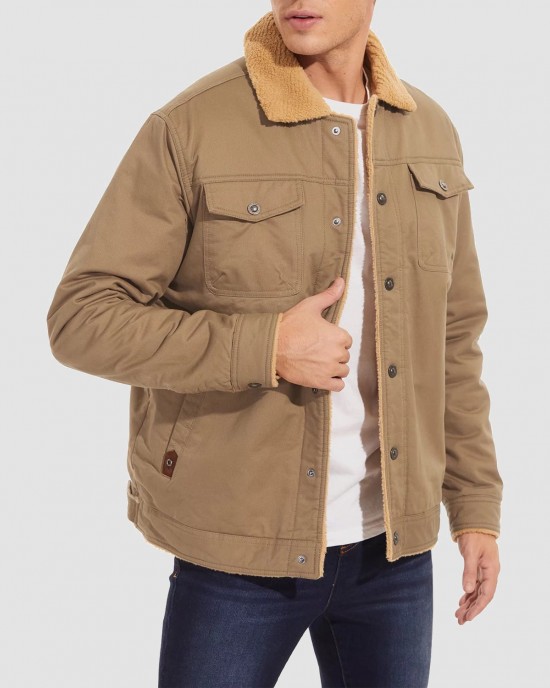 Men's Sherpa Trucker Jacket 5 Pockets Cotton Cargo Jacket Turn-down Collar Winter Coats