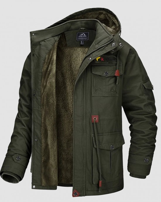 Men's Jacket Winter Cotton Military Trucker Cargo Jacket Fleece Lined Coats With Removable Hood