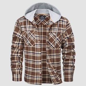 Men's Cotton Flannel Shirts Hoodie Long Sleeve Casual Button Down Plaid Fleece Shirts with 2 Pockets