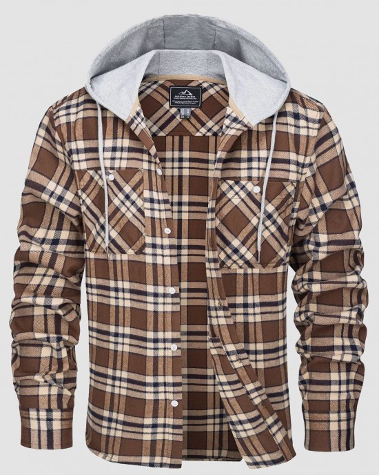 Men's Cotton Flannel Shirts Hoodie Long Sleeve Casual Button Down Plaid Fleece Shirts with 2 Pockets