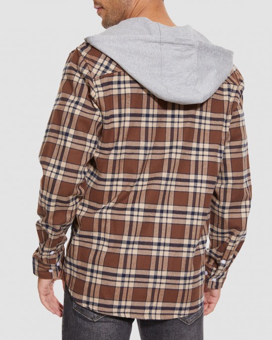 Men's Cotton Flannel Shirts Hoodie Long Sleeve Casual Button Down Plaid Fleece Shirts with 2 Pockets