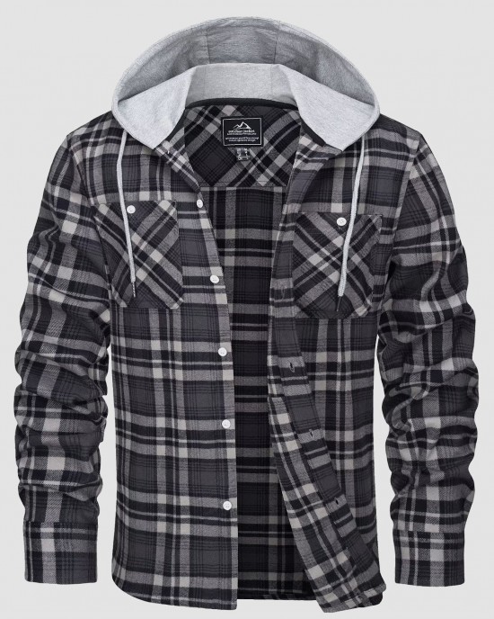 Men's Cotton Flannel Shirts Hoodie Long Sleeve Casual Button Down Plaid Fleece Shirts with 2 Pockets