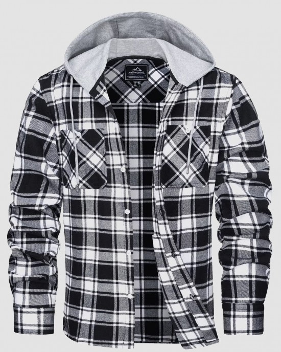 Men's Cotton Flannel Shirts Hoodie Long Sleeve Casual Button Down Plaid Fleece Shirts with 2 Pockets