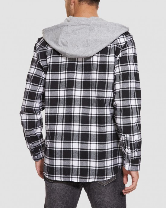 Men's Cotton Flannel Shirts Hoodie Long Sleeve Casual Button Down Plaid Fleece Shirts with 2 Pockets