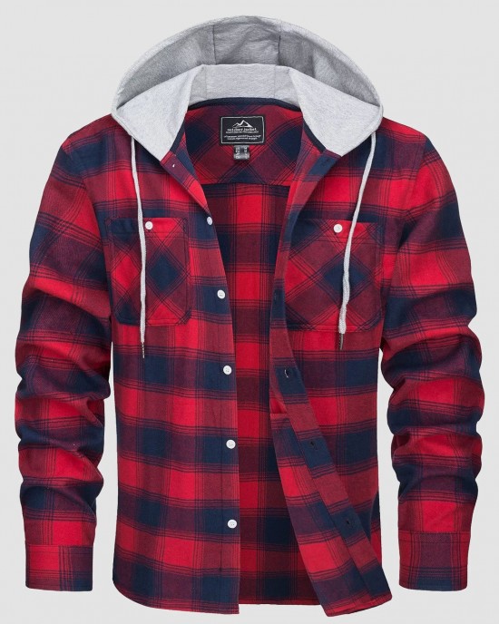 Men's Cotton Flannel Shirts Hoodie Long Sleeve Casual Button Down Plaid Fleece Shirts with 2 Pockets