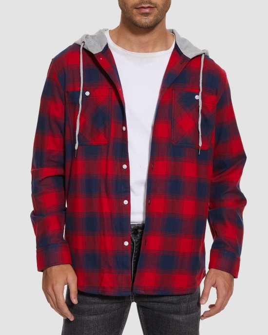 Men's Cotton Flannel Shirts Hoodie Long Sleeve Casual Button Down Plaid Fleece Shirts with 2 Pockets