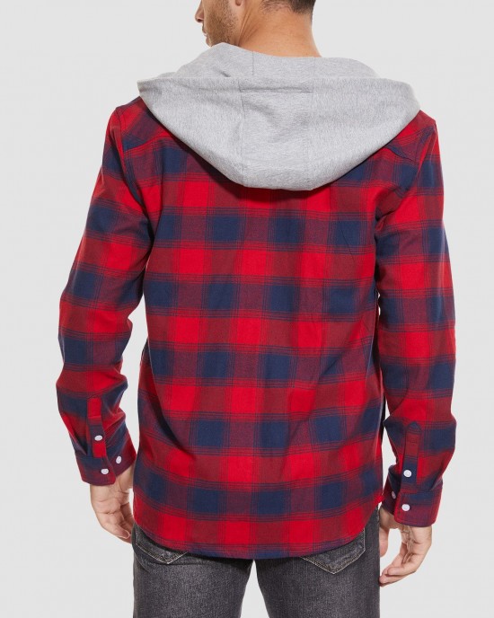 Men's Cotton Flannel Shirts Hoodie Long Sleeve Casual Button Down Plaid Fleece Shirts with 2 Pockets