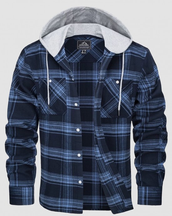 Men's Cotton Flannel Shirts Hoodie Long Sleeve Casual Button Down Plaid Fleece Shirts with 2 Pockets