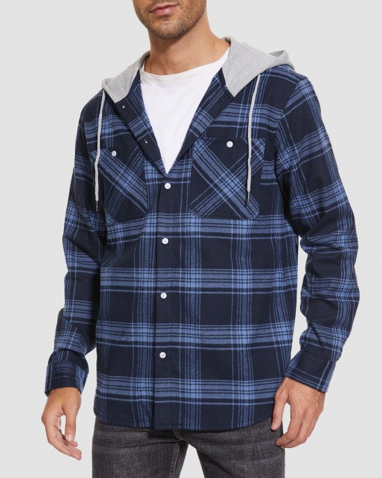 Men's Cotton Flannel Shirts Hoodie Long Sleeve Casual Button Down Plaid Fleece Shirts with 2 Pockets