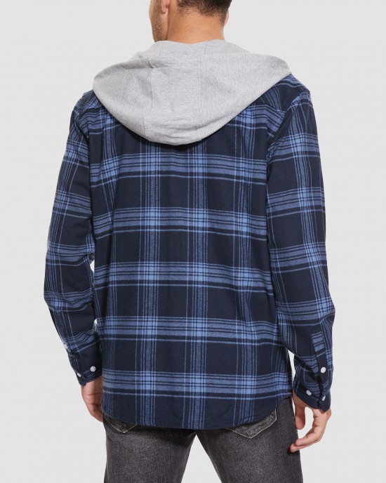 Men's Cotton Flannel Shirts Hoodie Long Sleeve Casual Button Down Plaid Fleece Shirts with 2 Pockets