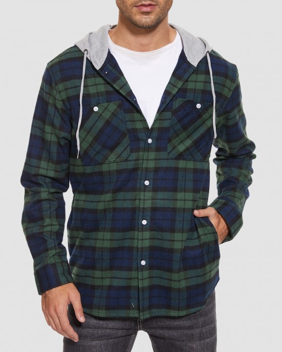 Men's Cotton Flannel Shirts Hoodie Long Sleeve Casual Button Down Plaid Fleece Shirts with 2 Pockets