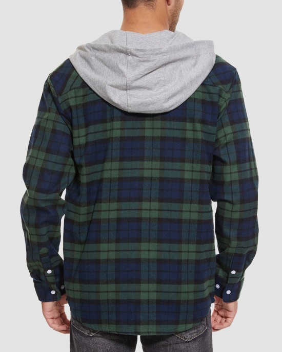 Men's Cotton Flannel Shirts Hoodie Long Sleeve Casual Button Down Plaid Fleece Shirts with 2 Pockets