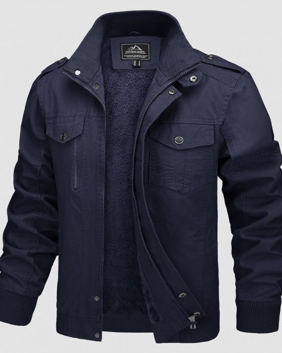 Men's Jacket Winter Military Cargo Work Jacket with 5 Pockets Fleece Lined Thicken Warm Coat