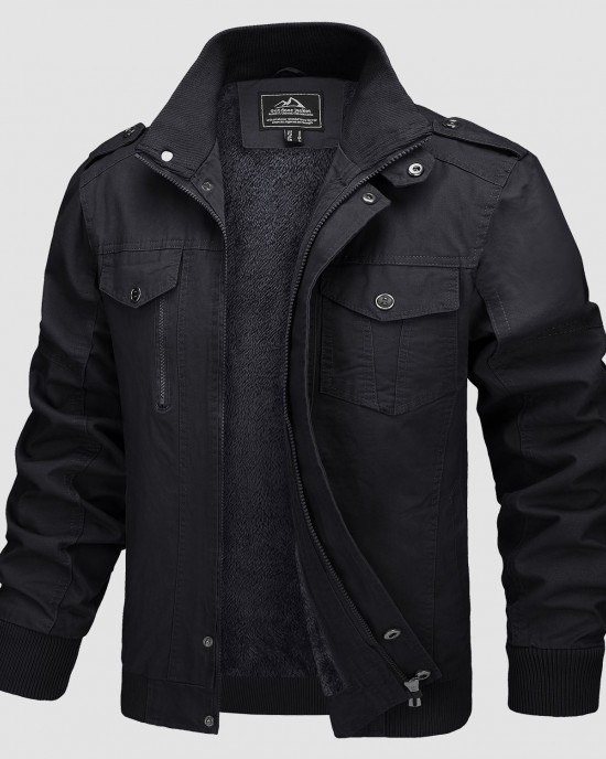 Men's Jacket Winter Military Cargo Work Jacket with 5 Pockets Fleece Lined Thicken Warm Coat