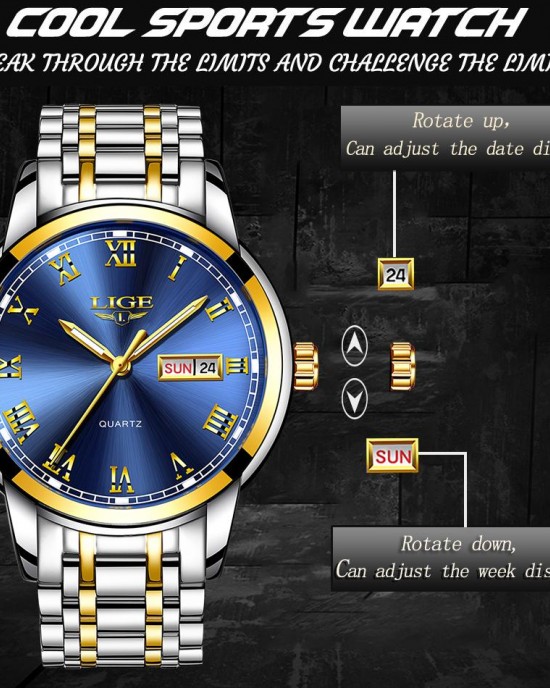 LIGE - Full Steel Sports Waterproof Quartz Watch