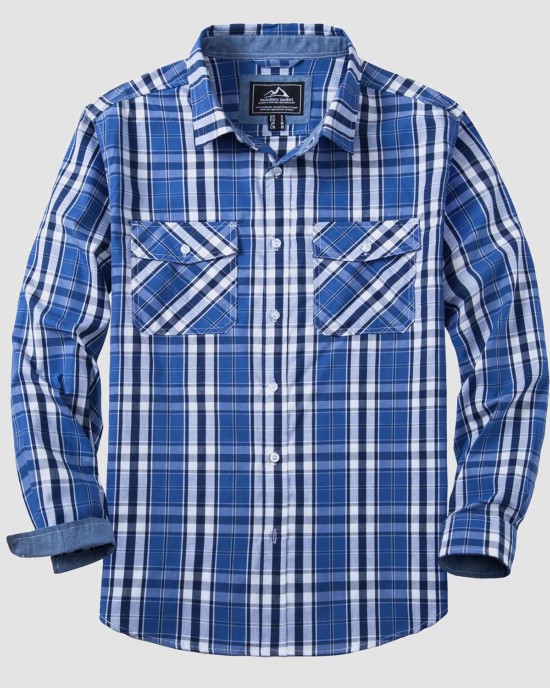 Men's Casual Plaid Button Down Shirts with 2 Pockets Denim Collar Poplin Shirts