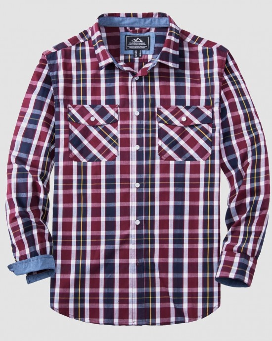 Men's Casual Plaid Button Down Shirts with 2 Pockets Denim Collar Poplin Shirts