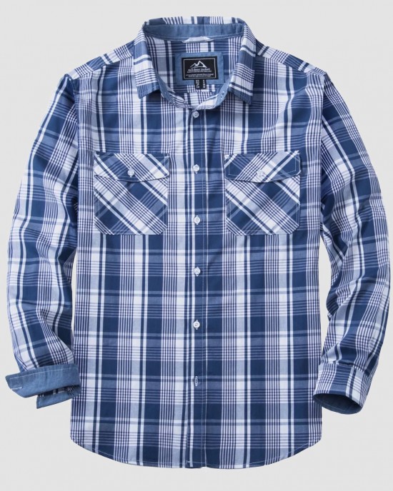 Men's Casual Plaid Button Down Shirts with 2 Pockets Denim Collar Poplin Shirts