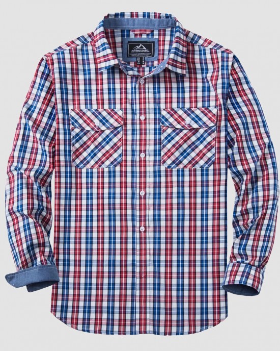 Men's Casual Plaid Button Down Shirts with 2 Pockets Denim Collar Poplin Shirts