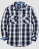 Men's Casual Plaid Button Down Shirts with 2 Pockets Denim Collar Poplin Shirts