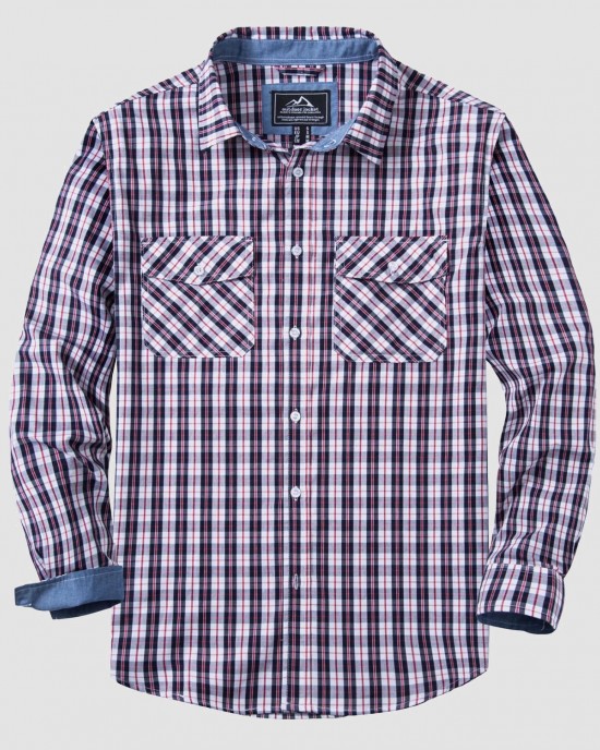 Men's Casual Plaid Button Down Shirts with 2 Pockets Denim Collar Poplin Shirts