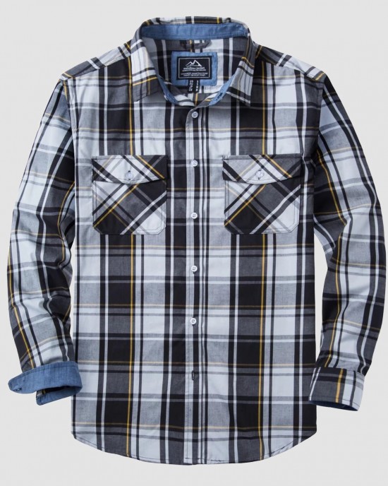 Men's Casual Plaid Button Down Shirts with 2 Pockets Denim Collar Poplin Shirts